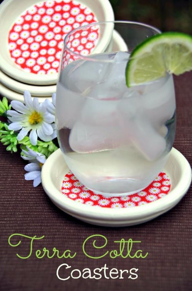 Terracotta Coasters, budget friendly using stuff already sitting in a bin and a detail guests always ask about