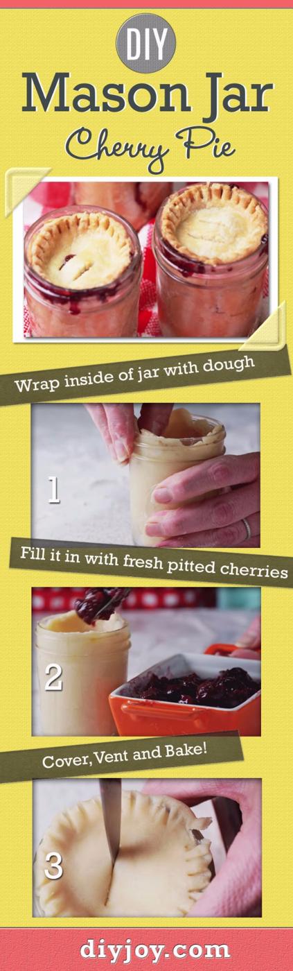 Cherry pies in mason jars with pastry pressed up the inside of the glass and a fork sealed dough lid on top
