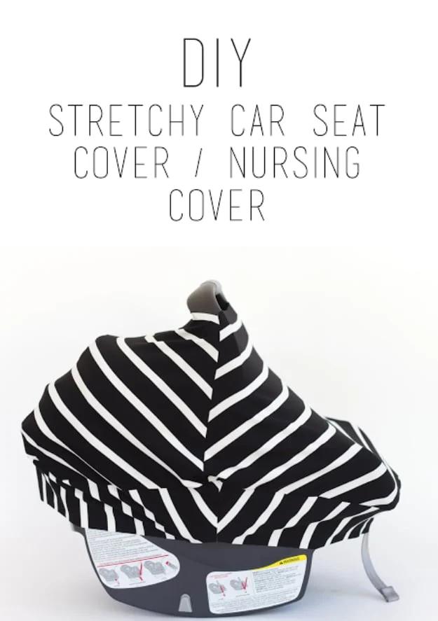 Black and white striped stretchy knit cover pulled over an infant car seat, under a typeset DIY title graphic