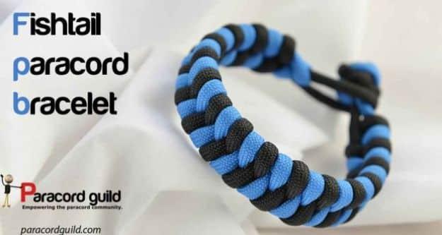 Typeset graphic reading Fishtail paracord bracelet beside a blue and black flat woven fishtail band on white