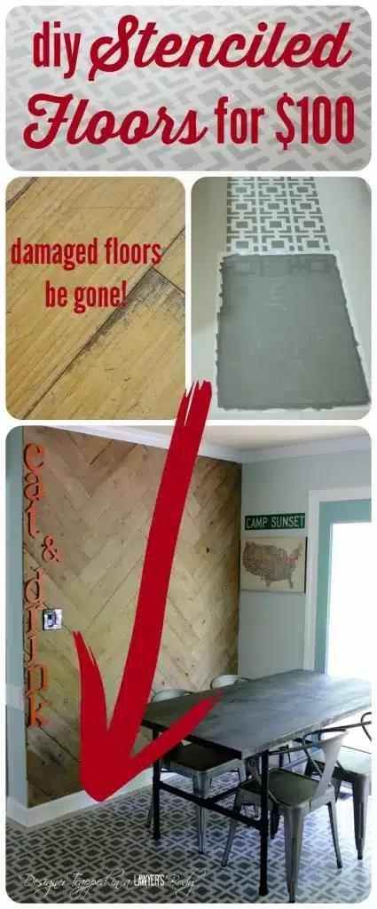 Collage graphic reading diy Stenciled Floors for $100 with a stencil, a red arrow and a finished floor