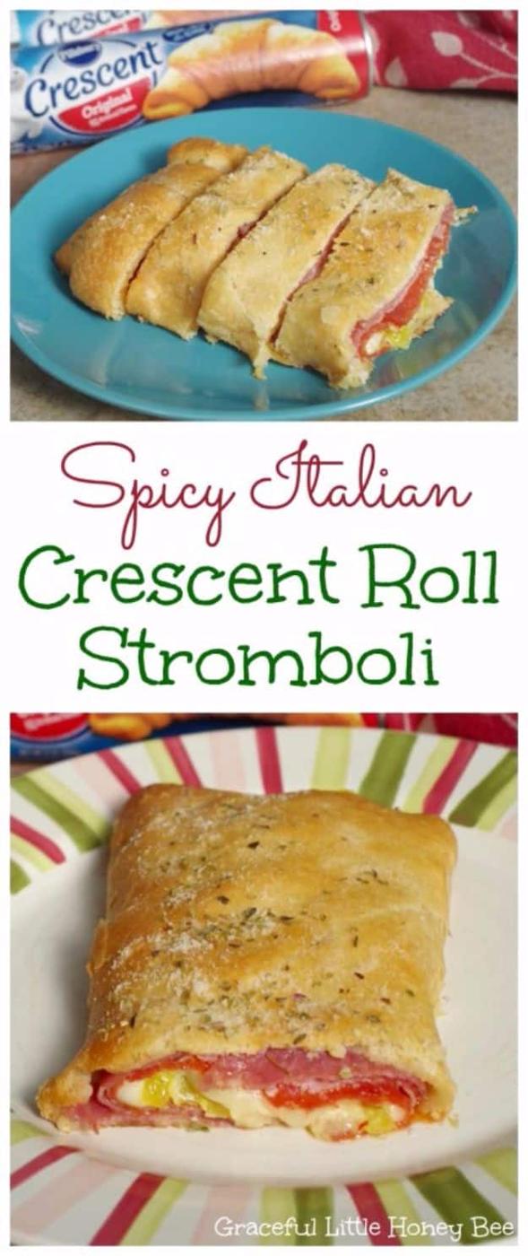 Spicy Italian crescent roll stromboli sliced open to show salami, ham, pepperoni, provolone and peppers