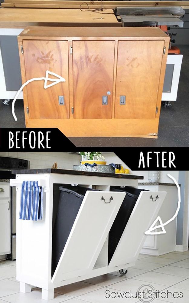Before and after collage of a wooden garage sale cabinet rebuilt into a white rolling kitchen island with tilt out trash bins