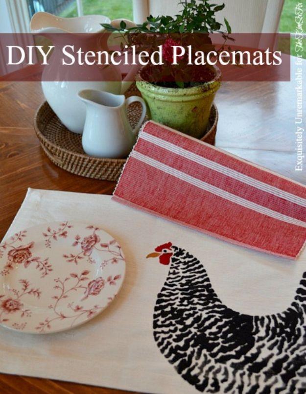 DIY stenciled placemats graphic with a black hen and red stripe mat beside a toile plate and a pitcher