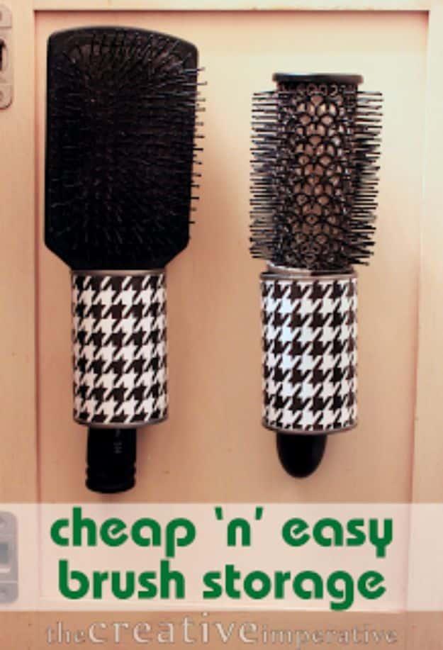 Hanging Hairbrush Storage from Tin Cans, easy to scale up for a whole batch and a detail guests always ask about
