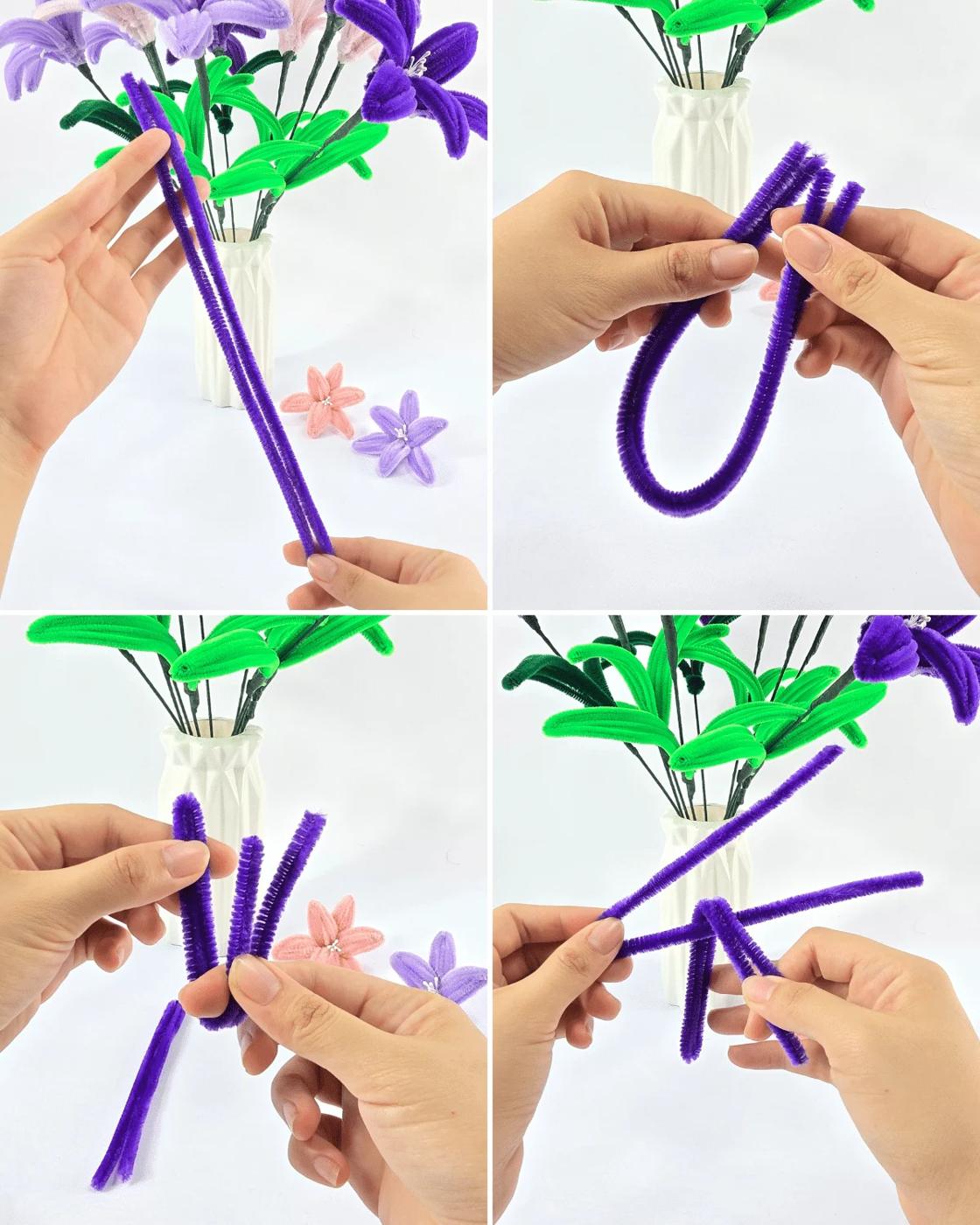 How to make pipe cleaner lilies, hands shaping six chenille stem petals around a yellow stamen center