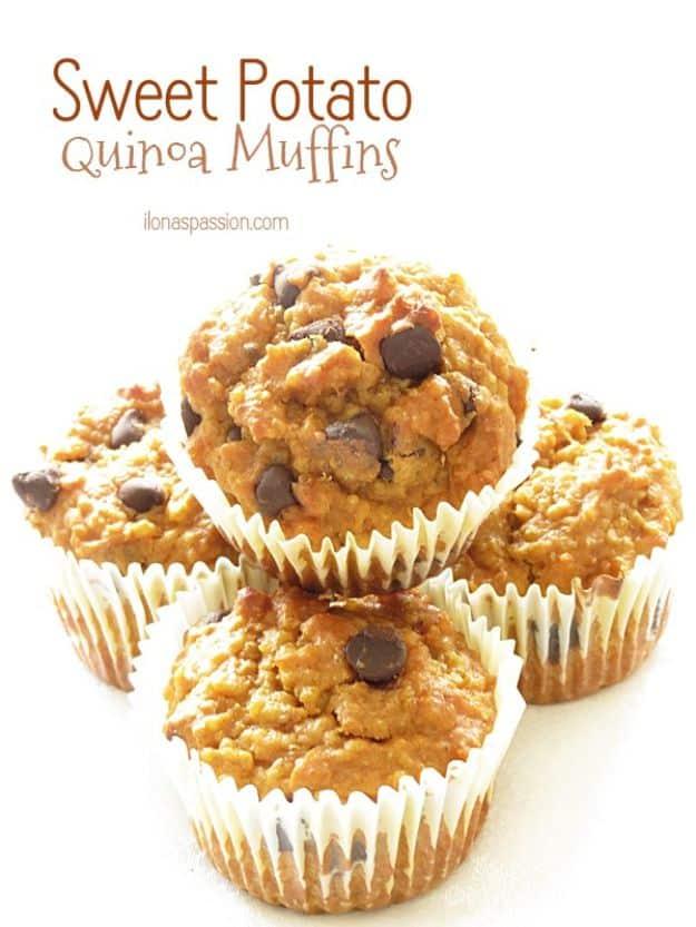 Sweet potato quinoa muffins with chocolate chips cooling on a rack, domed on top and flecked with quinoa