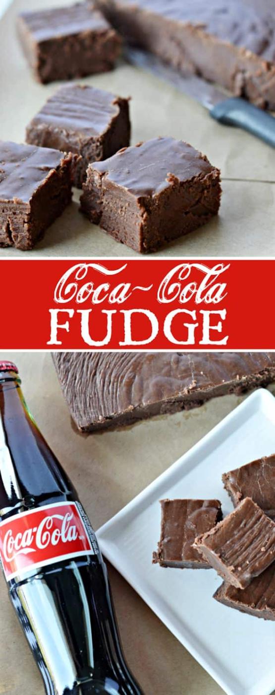 Coca Cola fudge cut into squares on a white plate beside a glass Coke bottle with a knife and more fudge above