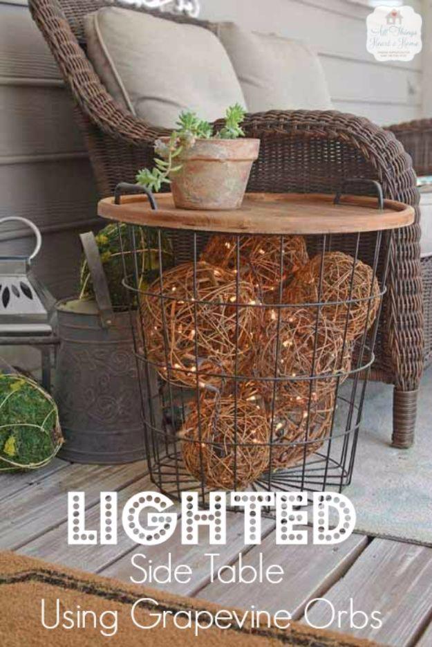 Lighted Side Table Using Grapevine Orbs, quick to set up on a rainy afternoon and personality a plain space was missing