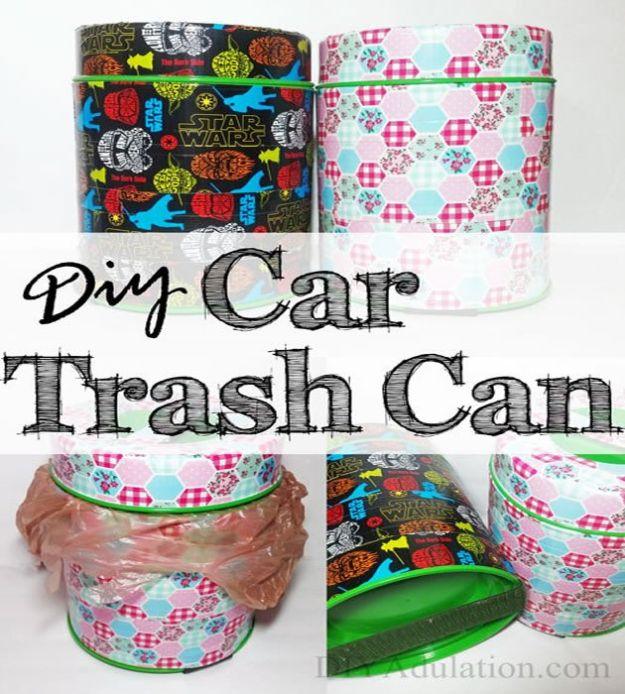 Four panel view of car trash cans made from lidded tubs in Star Wars and pink floral duct tape, under a typeset title