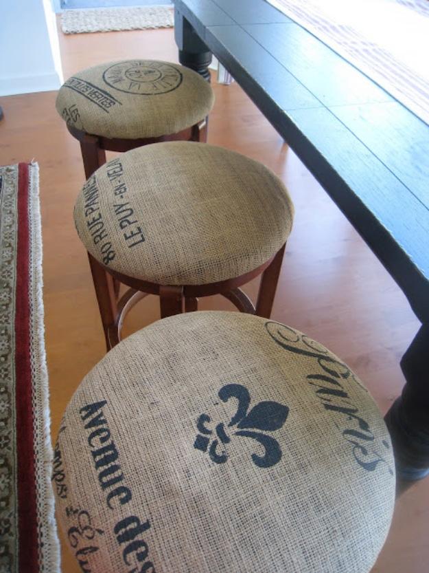DIY French Grain Sack Bar Stools, one of the most creative upcycled projects on this list and an idea worth saving for later