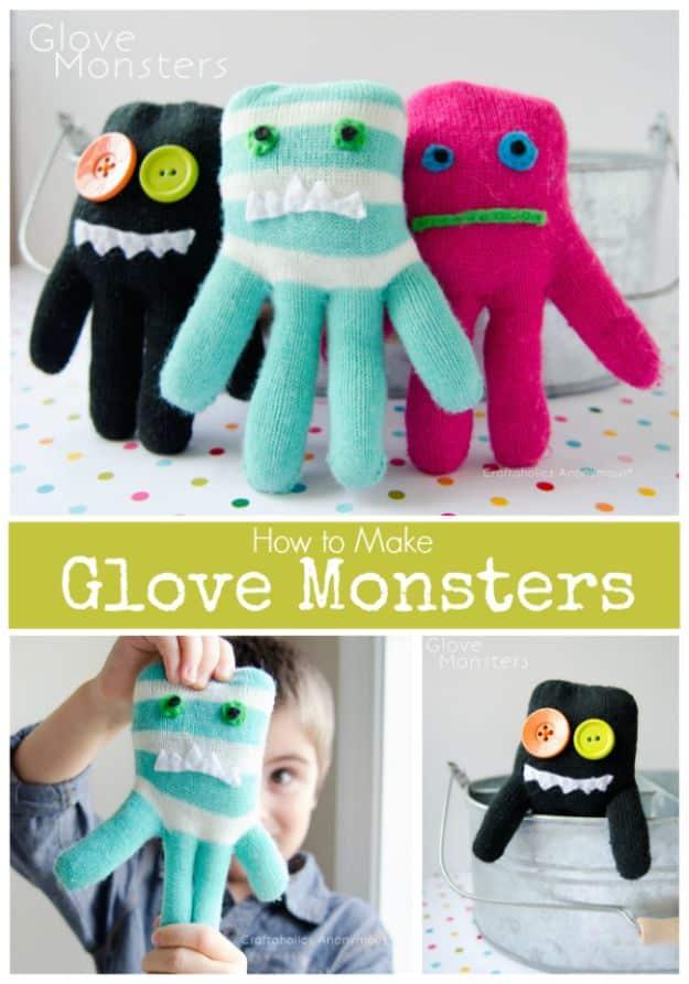 Three stuffed glove monsters with button eyes and felt teeth, above a photo of a child holding one up to their face