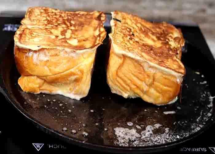 Grilling the rum raisin French toast