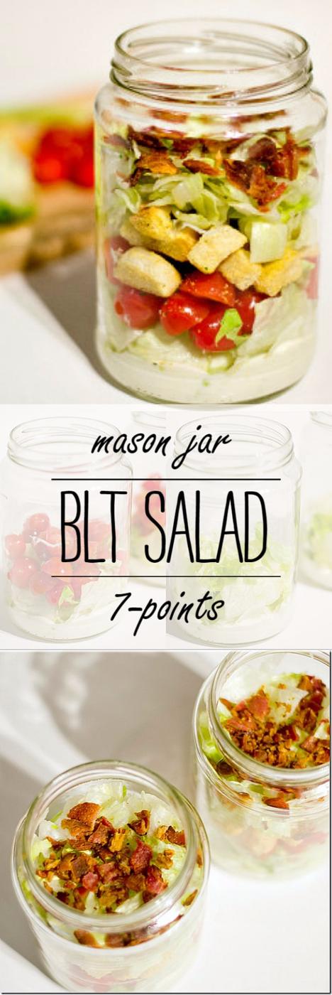 BLT salad in a jar with bacon, croutons, chopped tomatoes and romaine layered over a creamy dressing