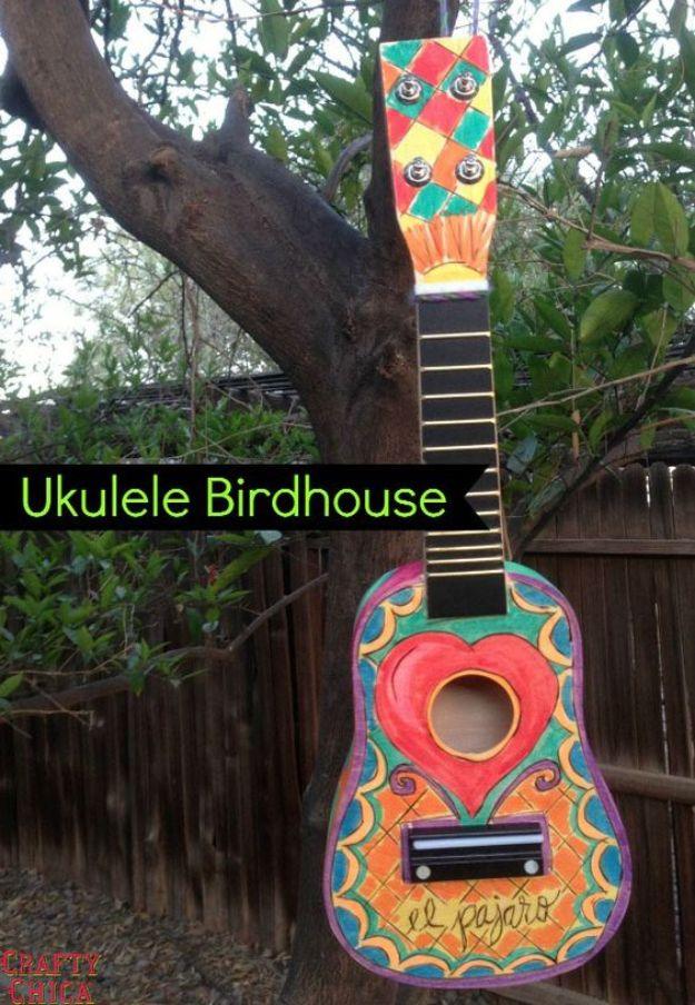 DIY Bird Houses - Woodburned Ukulele Birdhouse - Easy Bird House Ideas for Kids and Adult To Make - Free Plans and Tutorials for Wooden, Simple, Upcyle Designs, Recycle Plastic and