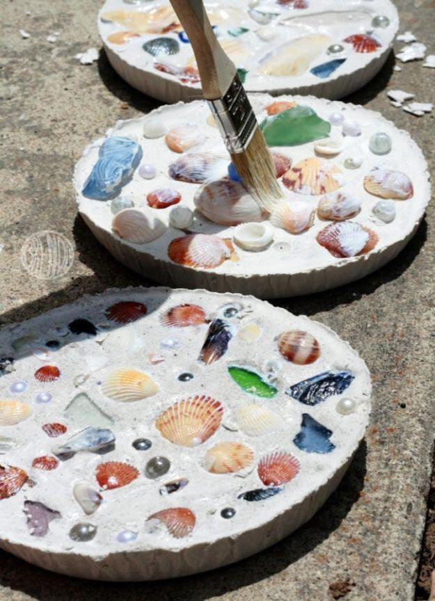 Sea Shell Mosaics, simple enough for a first try at the craft and a result that outshines anything mass produced