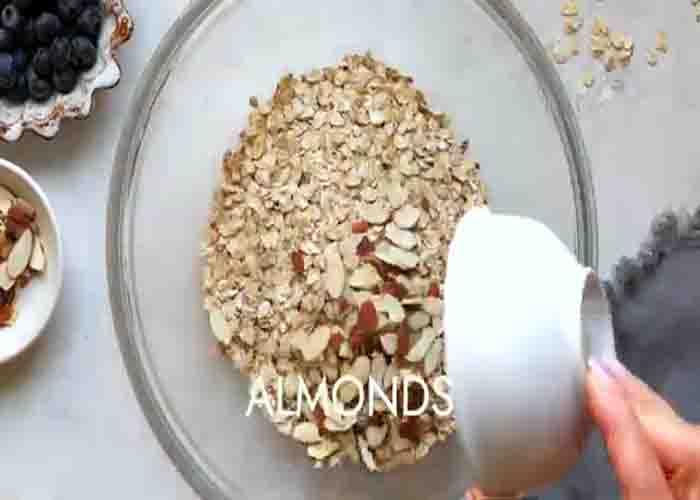 Combining all the ingredients for the blueberry baked oatmeal