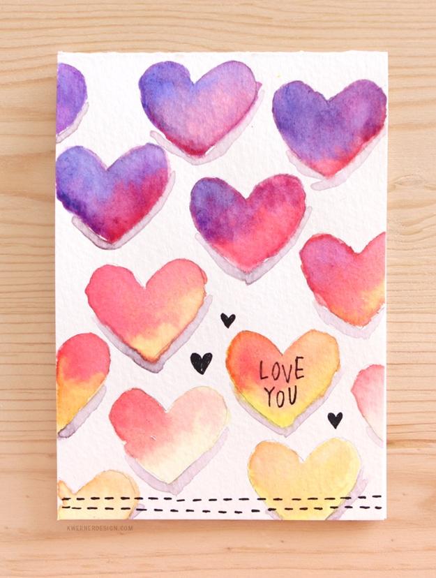Easy DIY Valentine's card with minimal supplies, traced hearts painted with a basic Crayola watercolor set
