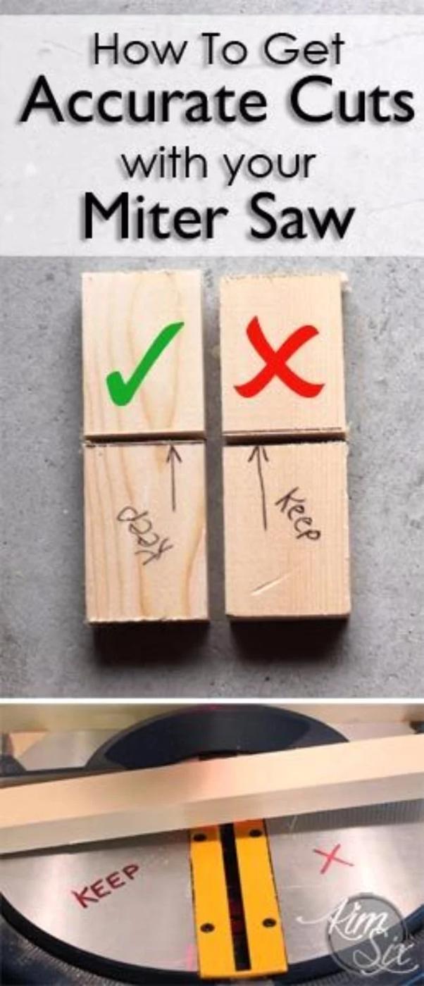 Titled graphic How To Get Accurate Cuts With Your Miter Saw above boards marked with a green check and a red X