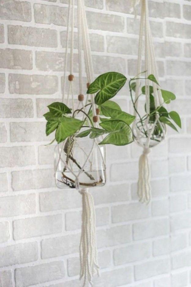 A cream macrame plant hanger holds a small potted fern in front of a window, its knotted cords falling in long tails