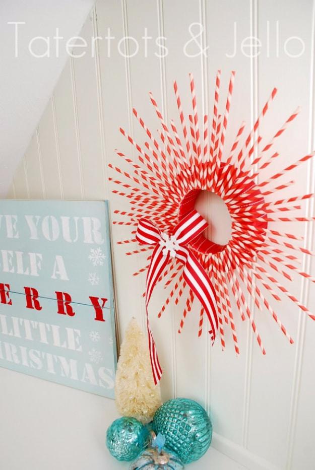Striped Paper Straw Holiday Wreath, a pretty handmade touch for winter entertaining and a favorite pick from this roundup