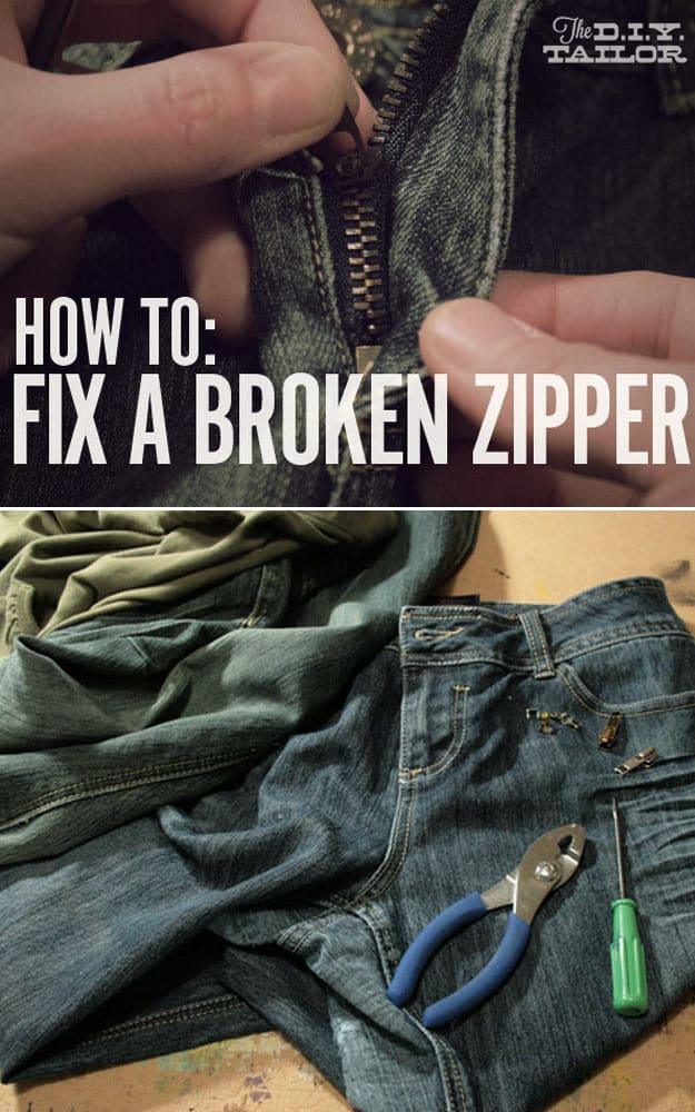 Clothing repair hack for zippers, hands working a jeans zipper above a pair of pliers and a screwdriver on denim