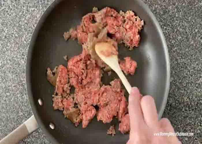 Browning the ground beef for the breakfast casserole