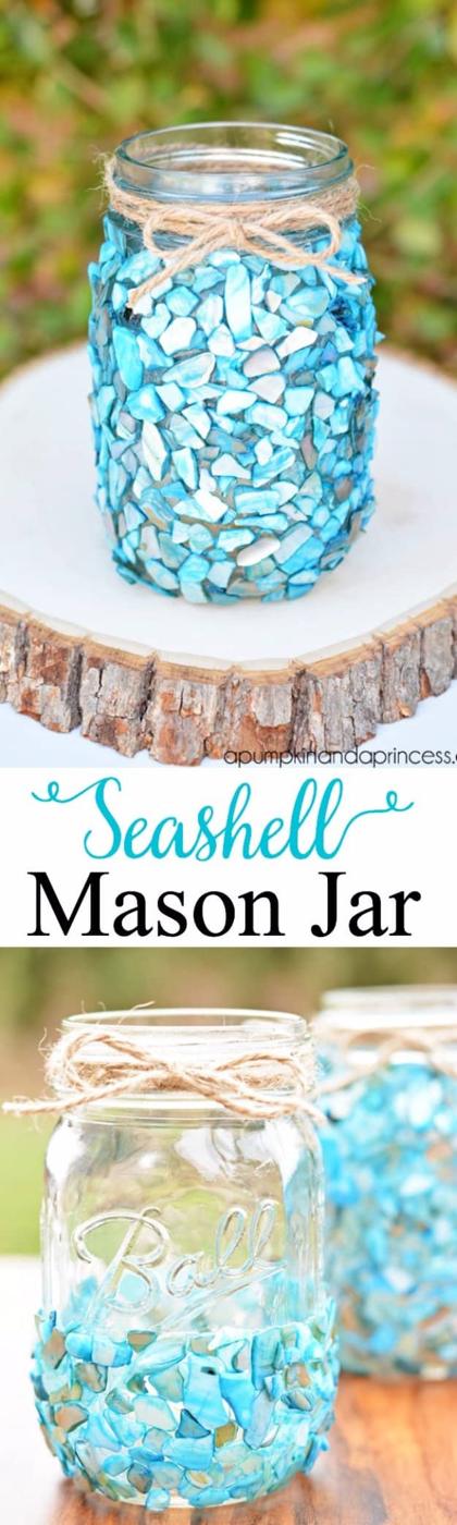 Broken Seashell Mason Jar, a budget friendly summer craft idea and a bright accent piece for a porch or patio