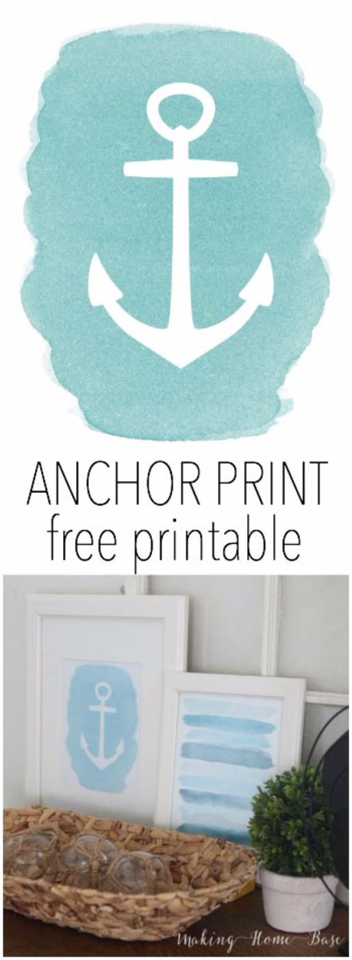 Anchor print free printable, a white anchor reversed out of a soft aqua watercolor shape on a white sheet, shown framed