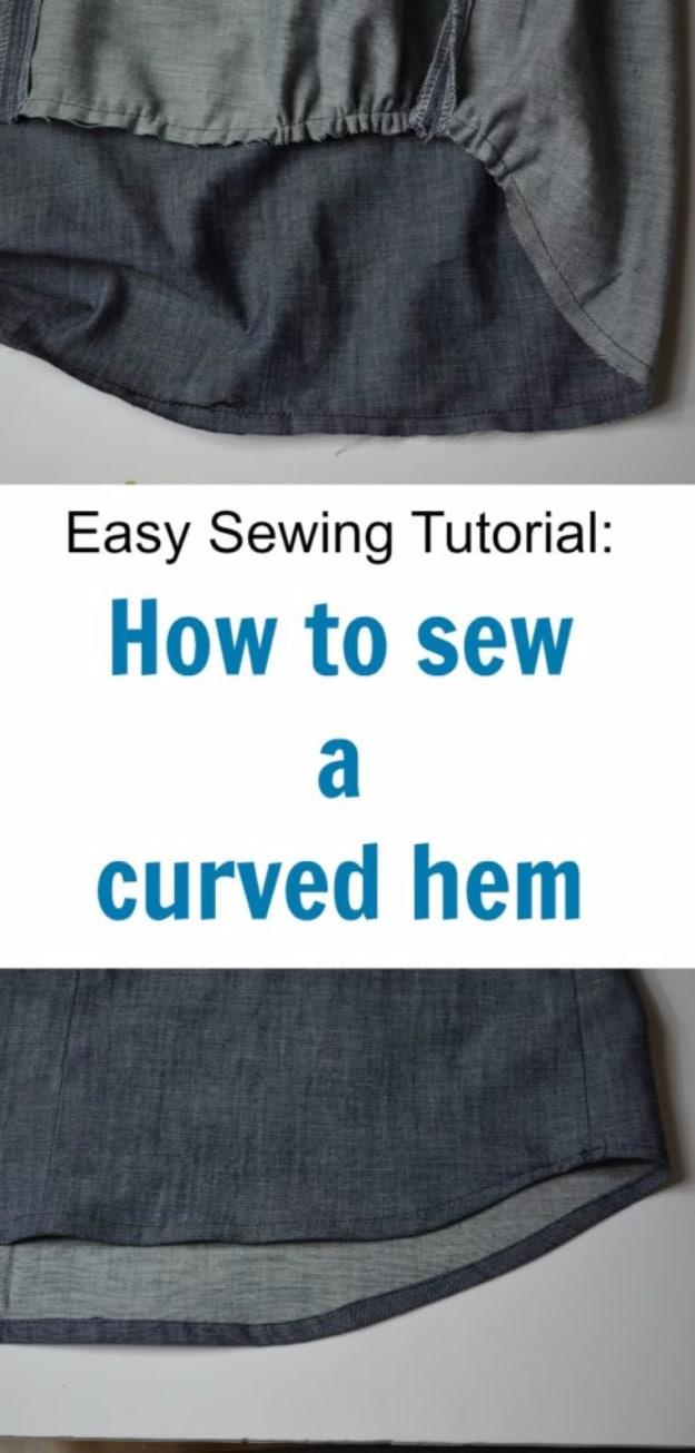 Two photos of a smooth curved chambray shirttail hem under a title reading how to sew a curved hem neatly
