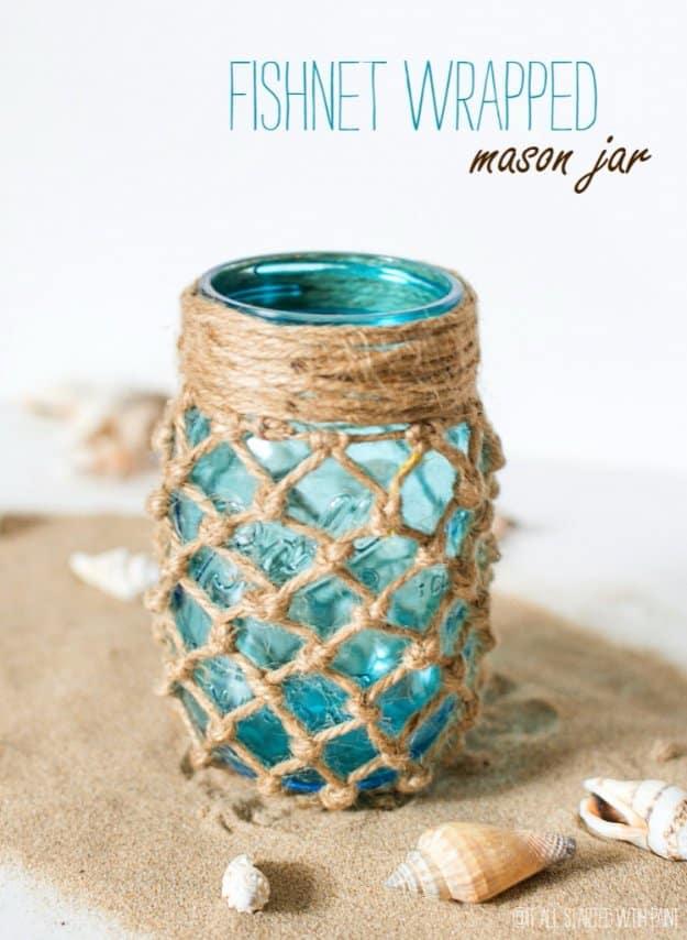 Fishnet Wrapped Mason Jar, a fun mason jar craft for summer and a fun weekend craft with a jar and a few extras
