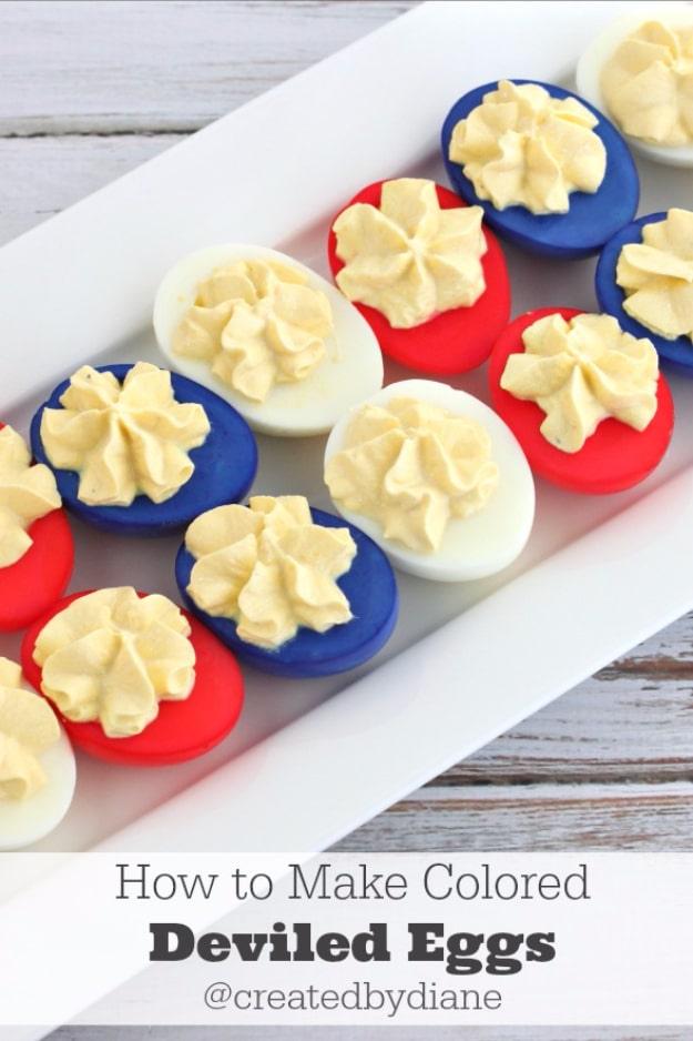 Deviled eggs given a red white and blue makeover for a patriotic party appetizer that disappears fast