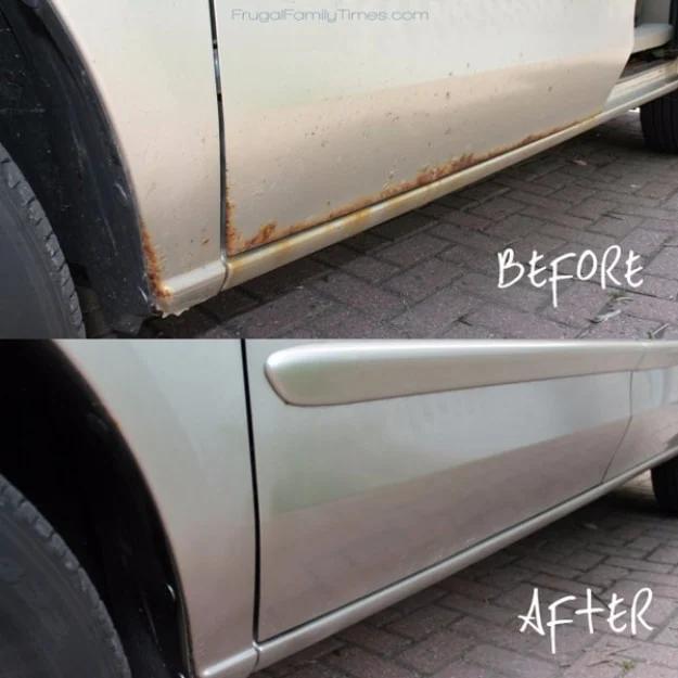 Two panel before and after of a silver van rocker panel, rusty along the lower seam above and repainted smooth below