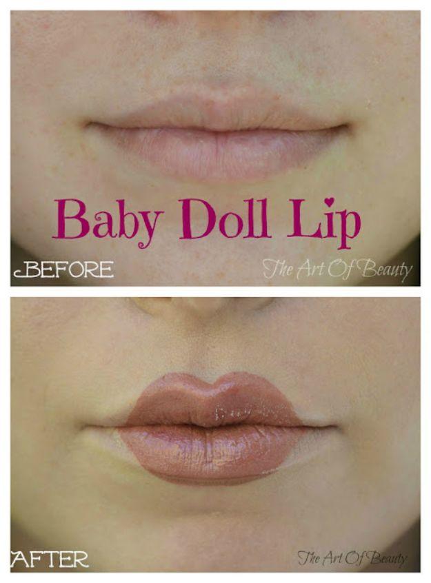 Baby doll lip makeup with natural lips covered in concealer and redrawn into a smaller rose colored mouth