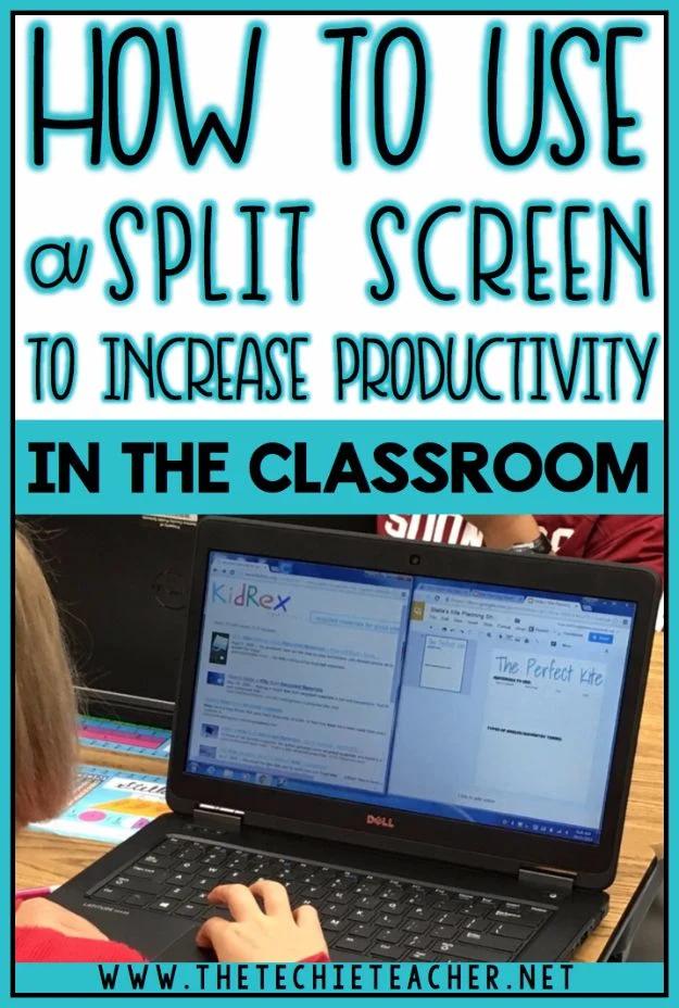 Child at a laptop with two pages open side by side, under the words how to use a split screen in the classroom