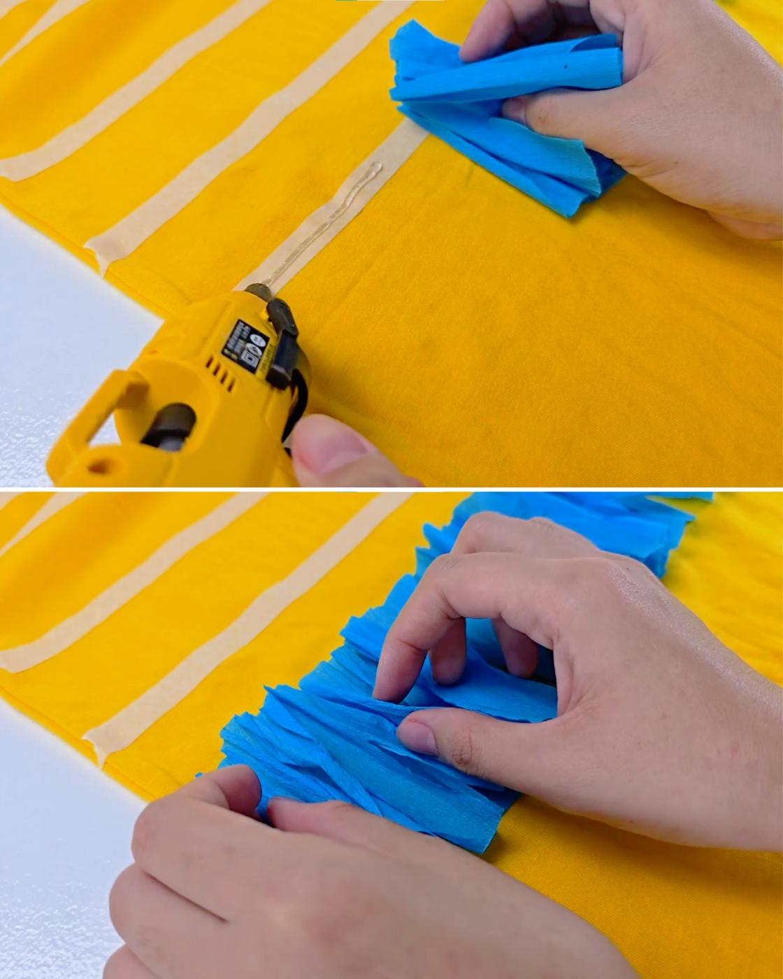 Easy Costume Ideas - a glue gun laying hot glue along a tape line on the shirt, then fluffing the fringe into ruffled rows