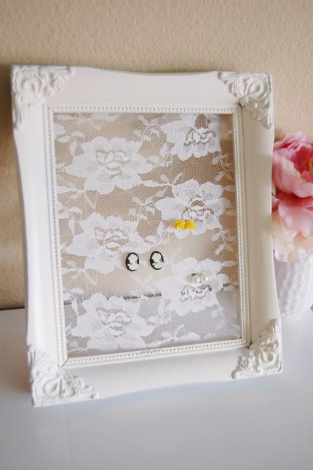 Shabby Chic Decor and Bedding Ideas - Framed Lace Earring Holder - Rustic and Romantic Vintage Bedroom, Living Room and Kitchen Country Cottage Furniture and Home Decor Ideas. Step