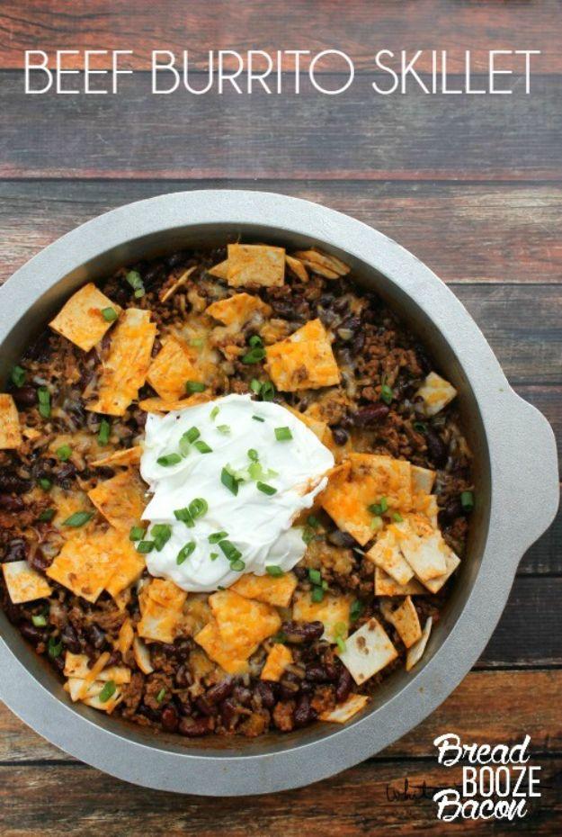 Beef burrito skillet cooked together for a fast Tex Mex dinner with minimal cleanup after for the whole family
