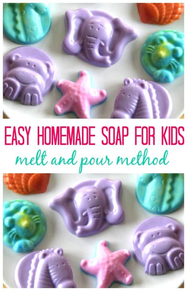 Homemade glycerin soaps in purple, teal and orange, molded as elephants, hippos, shells and starfish