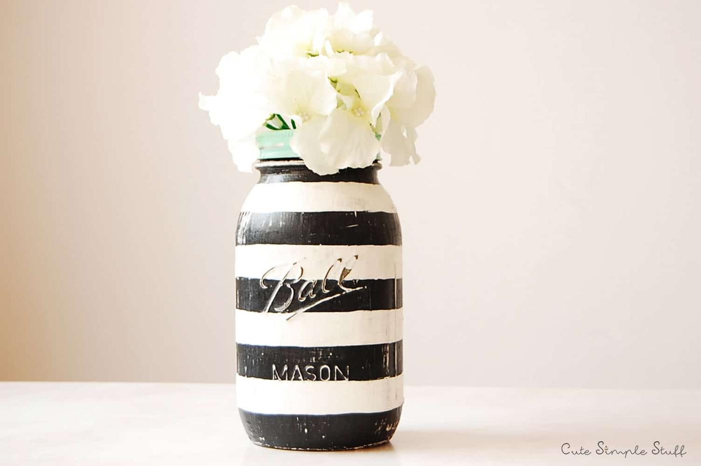 Easy Striped Mason Jar Tutorial, quick to set up on a rainy afternoon and a finishing touch that ties the room together
