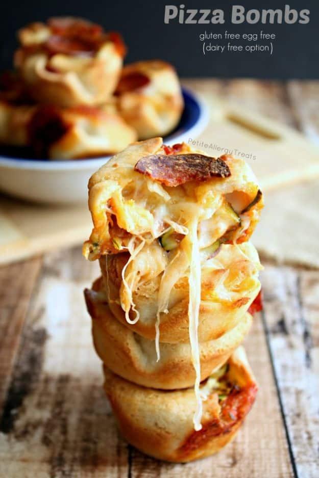 Gluten free pizza bombs baked in a muffin tin with pepperoni on top, an easy gluten free party appetizer