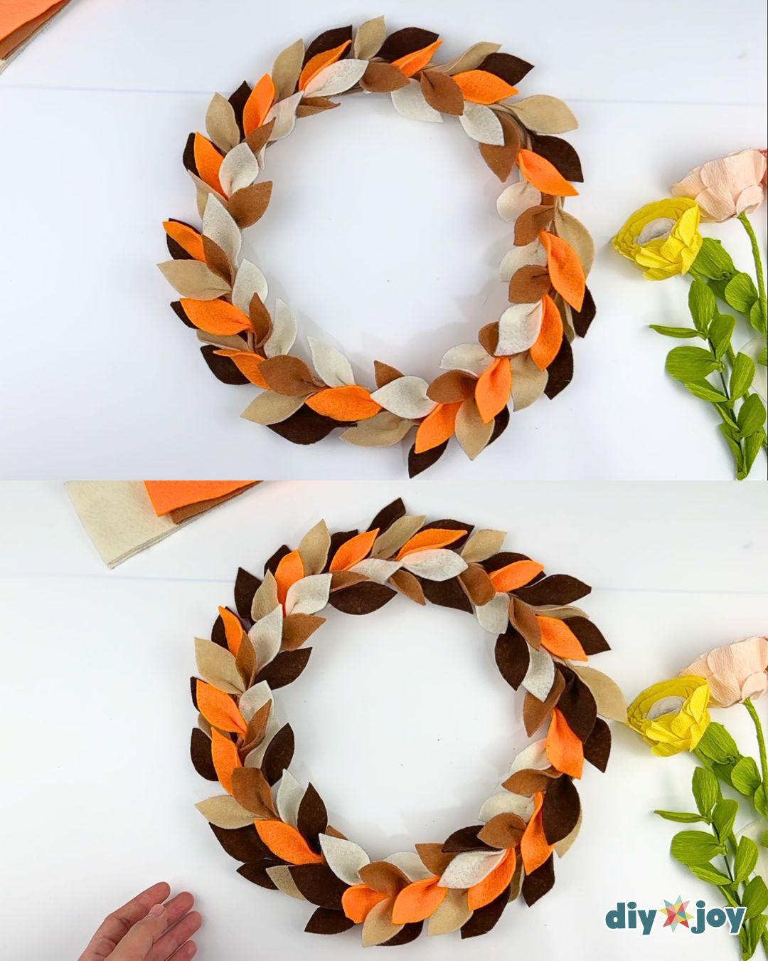 Autumn wreath - fully covered felt leaf wreath with all colors glued in place and no gaps remaining.