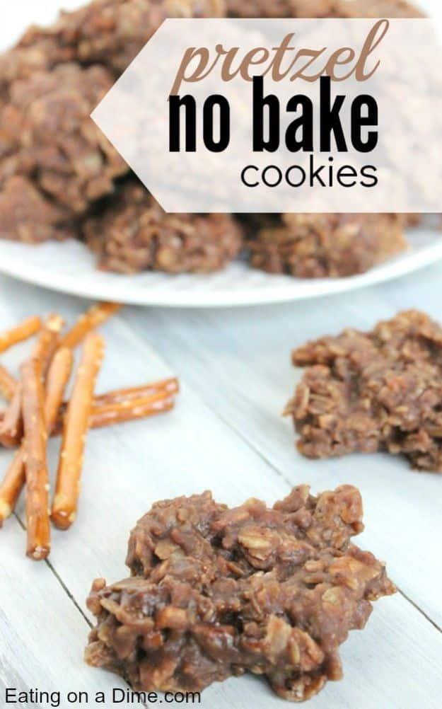 Pretzel no bake cookies, dark chocolate oat cookies on whitewashed boards with whole pretzel sticks beside
