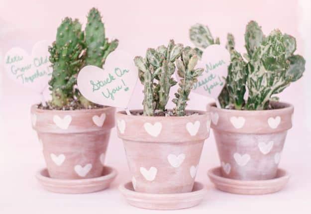 DIY Ideas for Clay Pots - DIY Heart Print Terra Cotta Cactus Pots - Cute Gardening Projects Tutorials for Decorating Pots - Pretty Rustic and Farmhouse Planters for Cheap Home Deco
