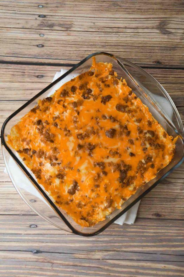 Loaded potato meatloaf casserole topped with mashed potatoes, melted cheddar cheese and real bacon bits