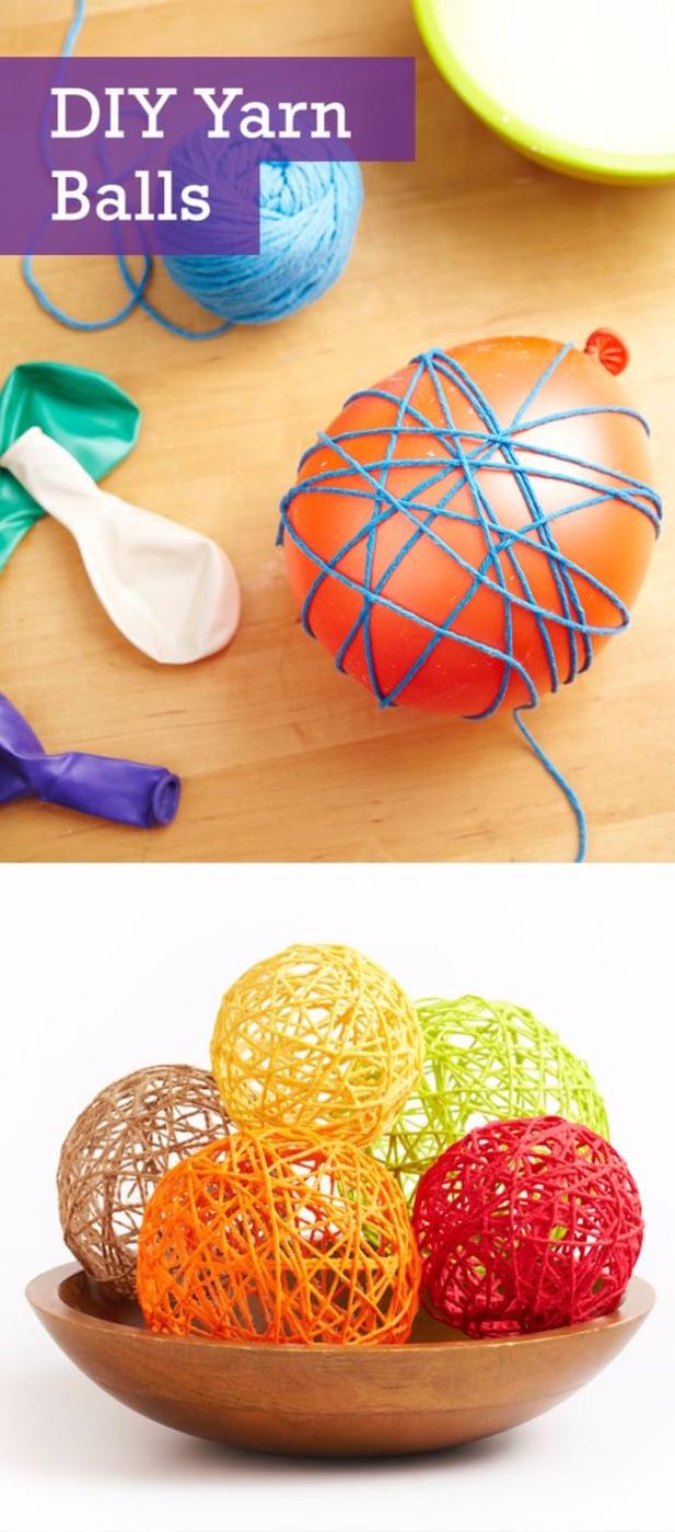 DIY Yarn Balls, an easy project for a beginner crafter and a pretty accent piece for a shelf or wall
