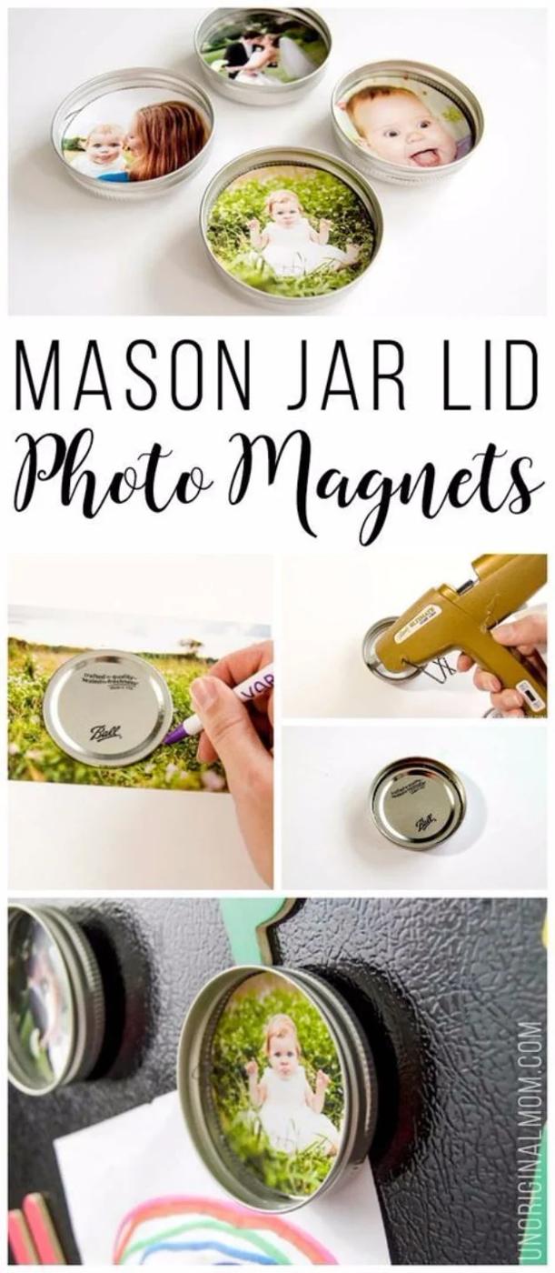 Upcycled Mason Jar Photo Lid Magnets, quick enough to finish before nap time and a detail guests always ask about