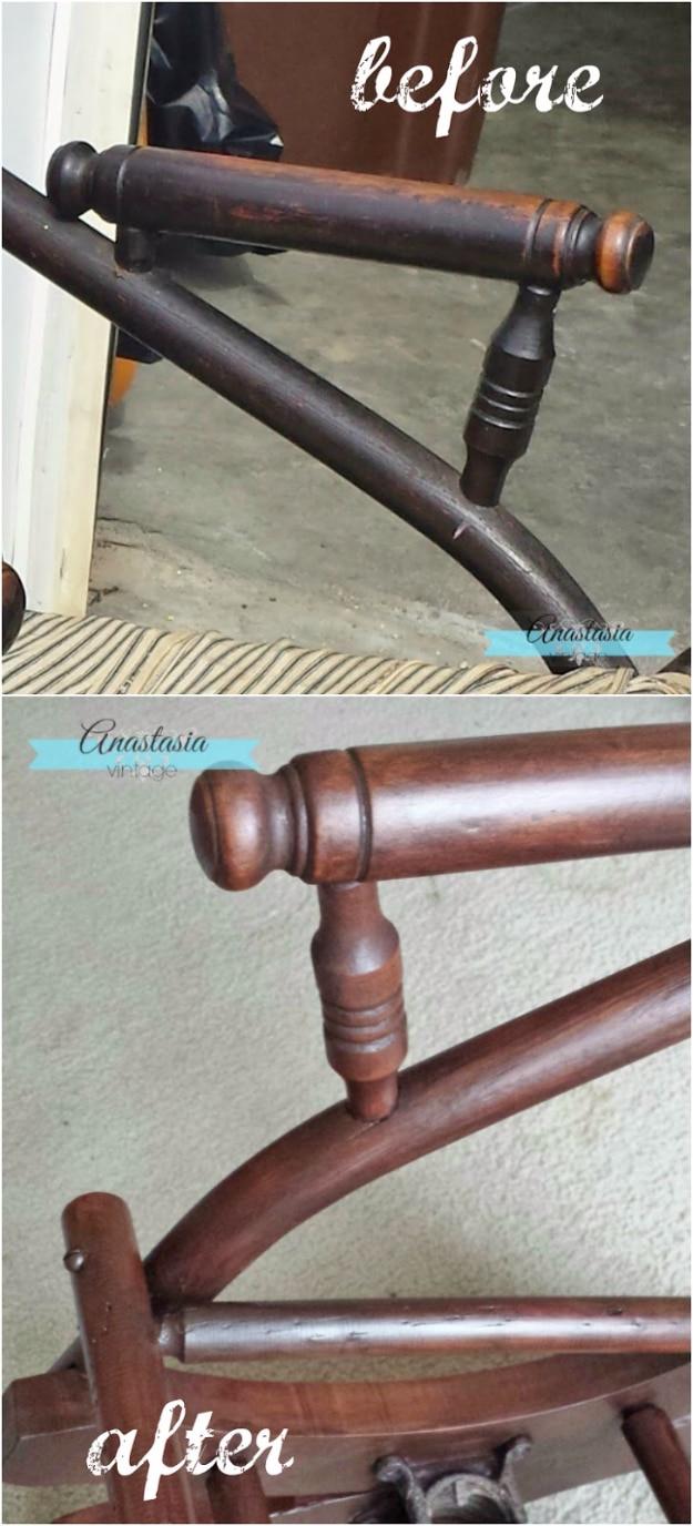 Turned rocking chair legs shown before in a worn dark finish and after in an even gel stain, labeled before and after