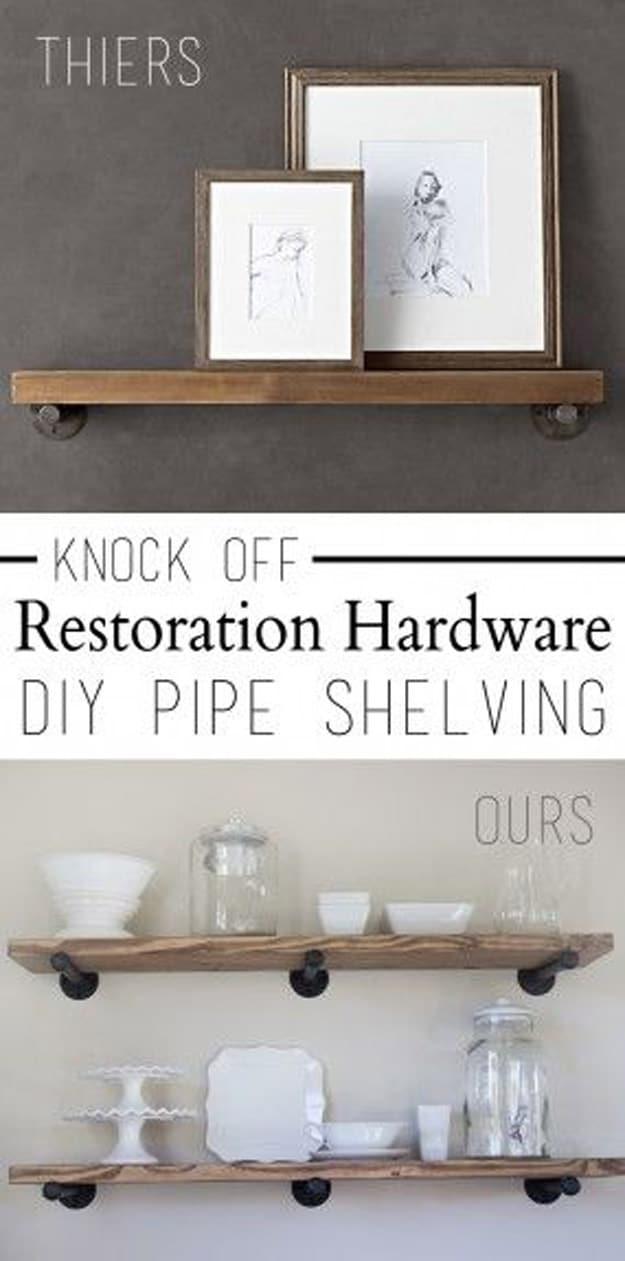 Knock Off Restoration Hardware Pipe Shelving, a designer knockoff idea worth trying this season and sure to impress