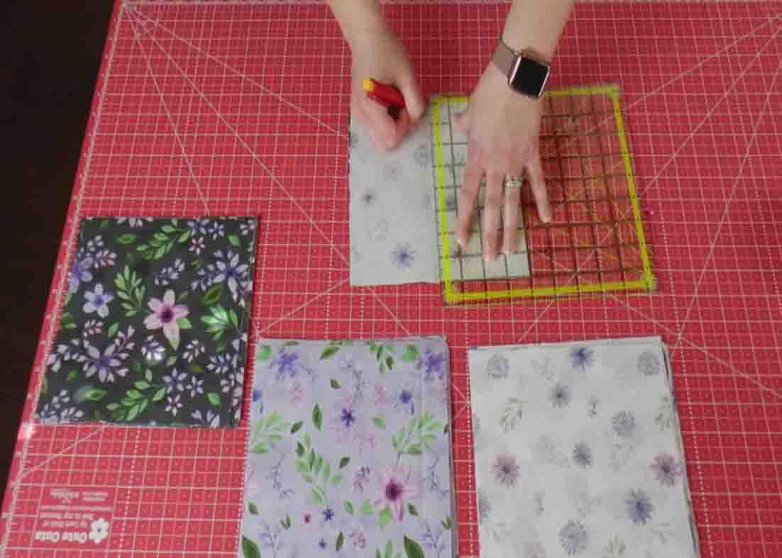 Measuring the four squares for the rocking quilt block